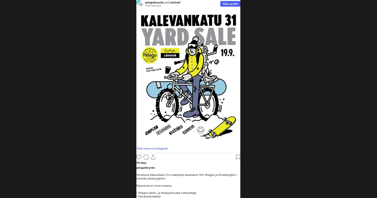 Instagram-postaus @pelagobicycles — Lamina ja Pelago tyhjentävät varastoa Kalevankadun sisäpihalla 19.9.