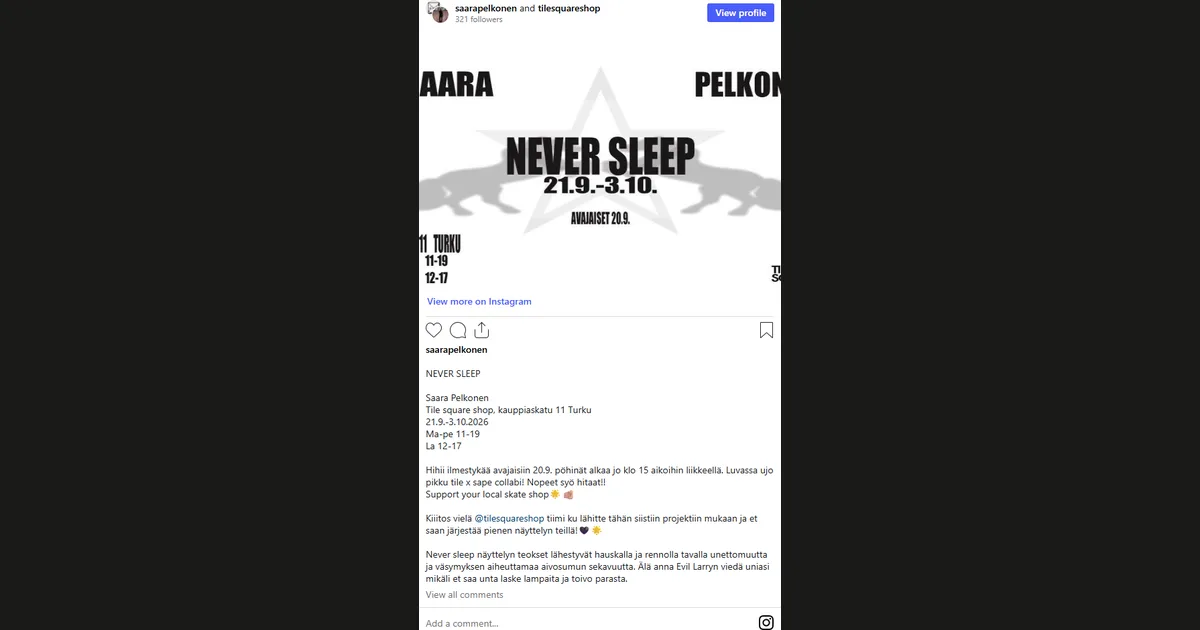 Tile Squaren seinille unettomuutta — Saara Pelkosen Never Sleep avautuu su 20.9.